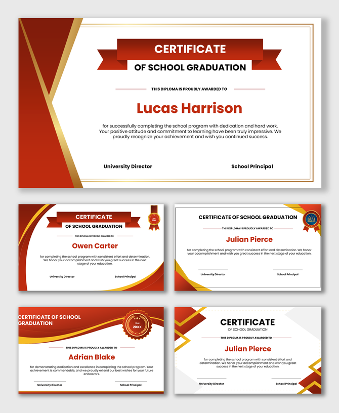 Editable school graduation diploma certificate with classic red gold design, student name, date, and signatures.