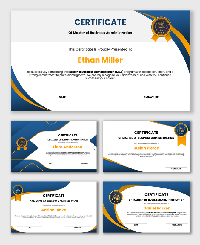 MBA certificate with blue and gold curves, award badge, recipient name, course title, date, signature fields.