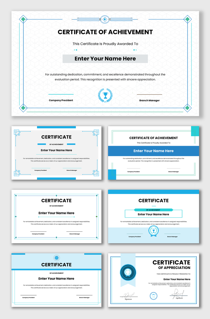 Blue and white certificate of achievement with bordered frame, name placeholder, text area, icons, and signature fields.