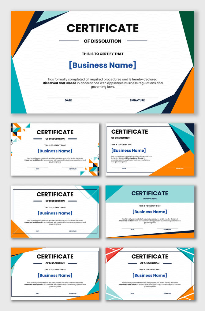 Certificate of dissolution with geometric borders, business name placeholder, dissolution text, and date and signature fields
