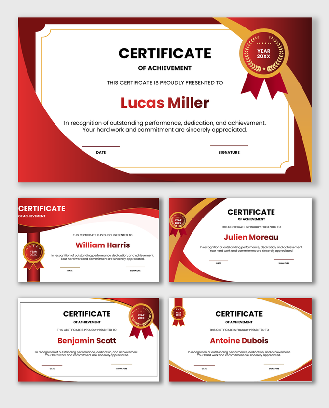Red and gold achievement certificate with ribbon badge, bold title, recipient name, appreciation text, date and signature.