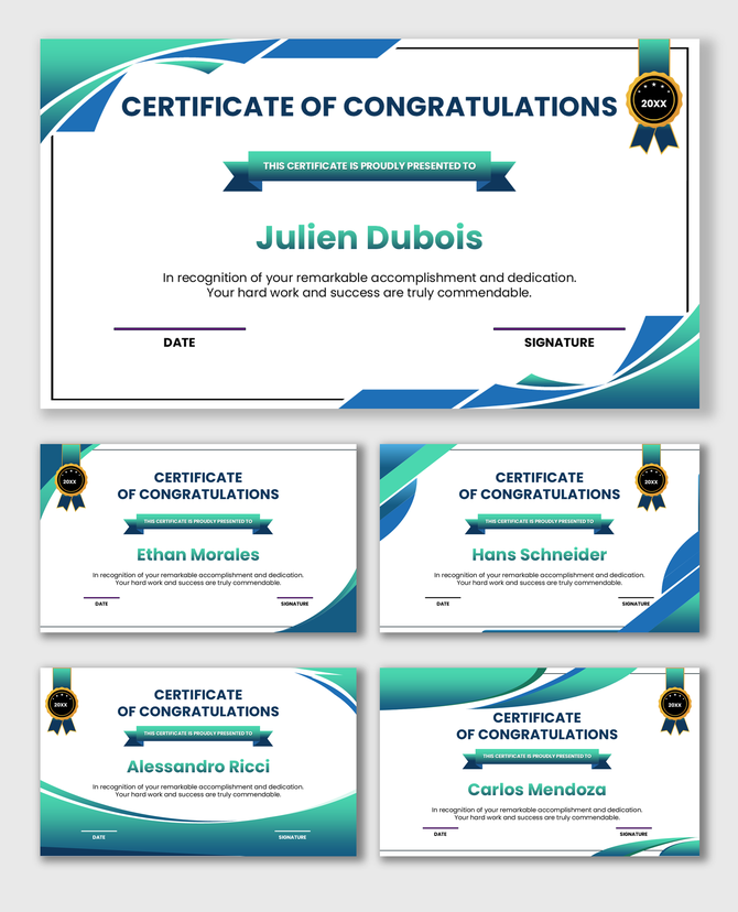Green and blue congratulations certificate with ribbon badge, bold title, recipient name, message, date and signature areas.