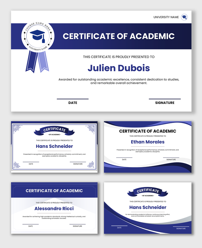 Academic Certificate set with blue ribbons, student name fields, date, signature areas, and decorative borders.