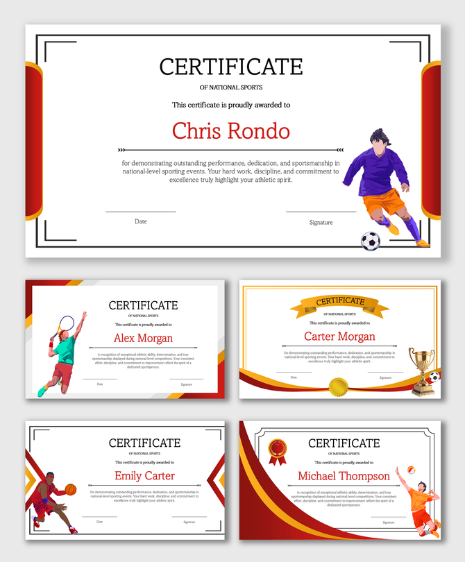 National Sports Certificate set with athlete illustrations, red-gold borders, award badges, and signature fields.
