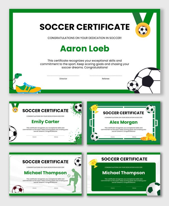 Soccer Certificate Awards with green borders, soccer balls, medals, player silhouettes, shoes, and signature fields.