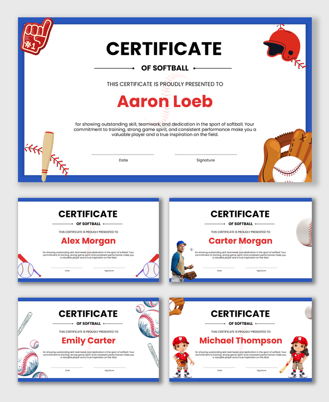 Softball Certificates with bats, balls, gloves, helmets, player graphics, blue borders, and date and signature fields.