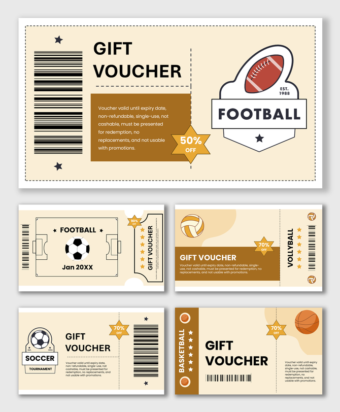 Sports gift vouchers with football, soccer, volleyball, basketball icons, barcodes, discount labels, and ticket designs.