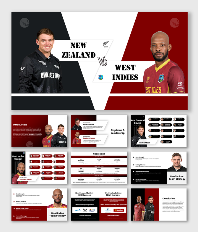 Cricket presentation showing New Zealand and West Indies players, team squads, scorecard, match strategy, and sponsors.