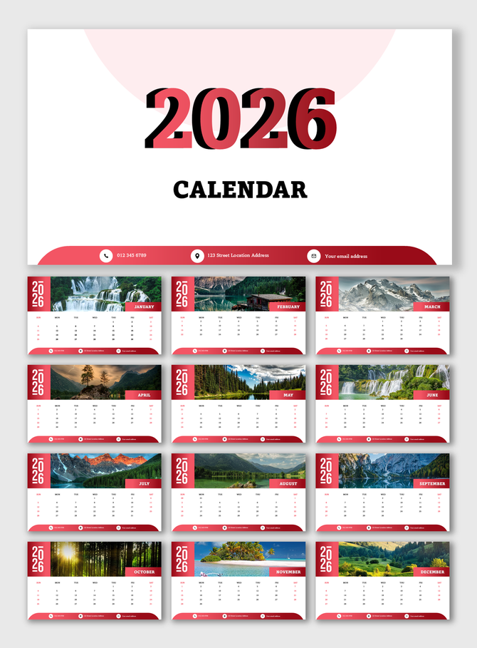 2026 yearly calendar with monthly landscape photos, red layout, clear date grids, and contact details at the bottom.