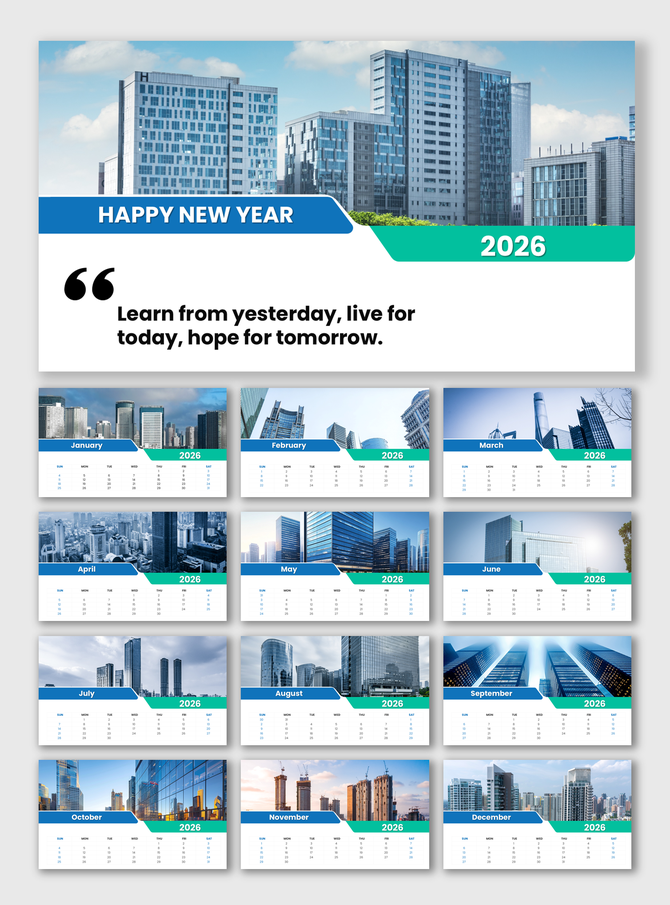 2026 yearly calendar with modern cityscape photos for each month, clean blue layout, clear date grids, and holiday markers.