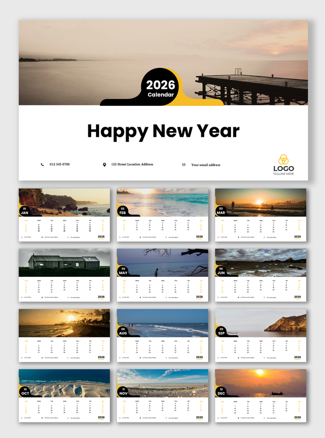2026 printable calendar featuring scenic monthly landscapes, minimal design, bold month labels, and clear date tables.