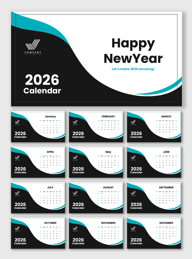 Yearly Calendar 2026 with modern black and teal wave design, monthly grids, bold headings, and a Happy New Year cover layout.