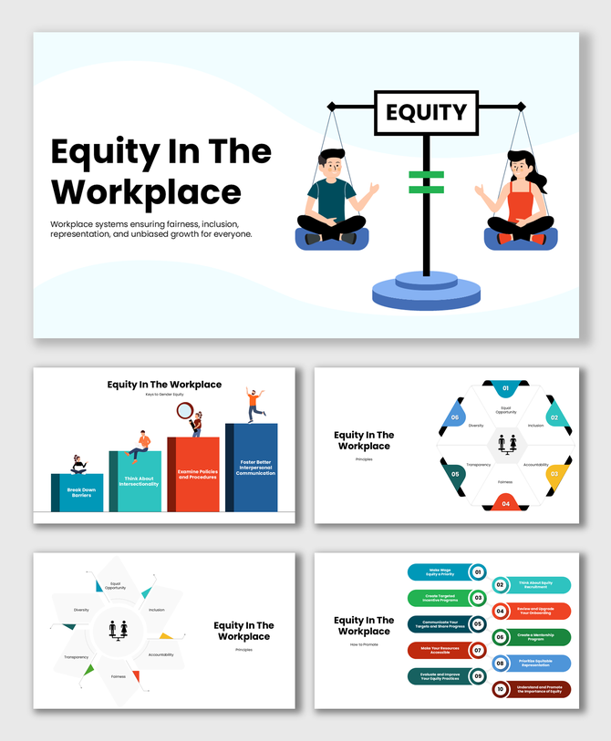 Equity in the workplace slide showing balance scale, diverse people, equality sign, and inclusive design theme
