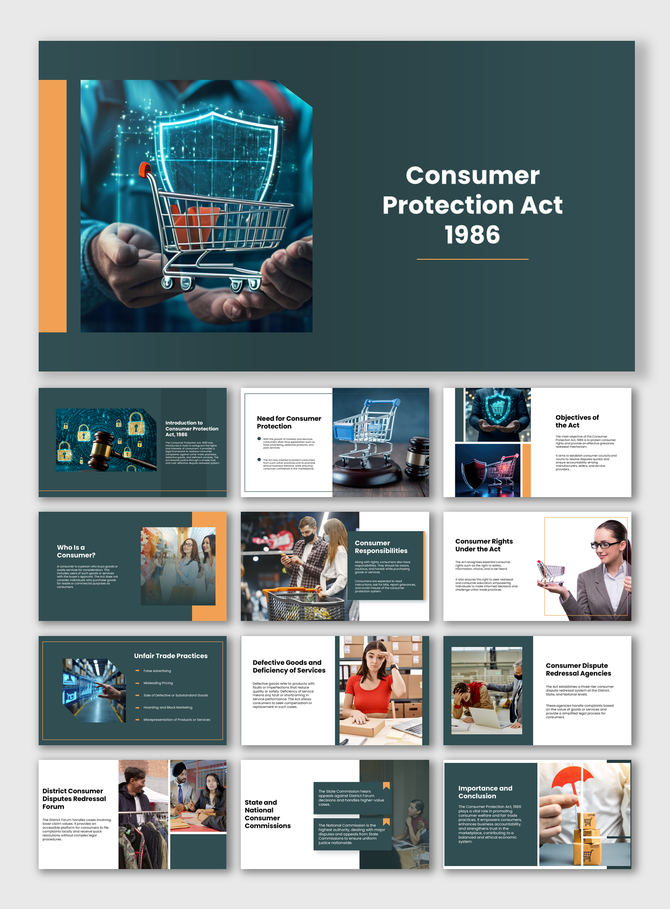 Consumer Protection Act 1986 slides showing shopping cart, shield icon, consumer rights, duties, disputes and remedies.