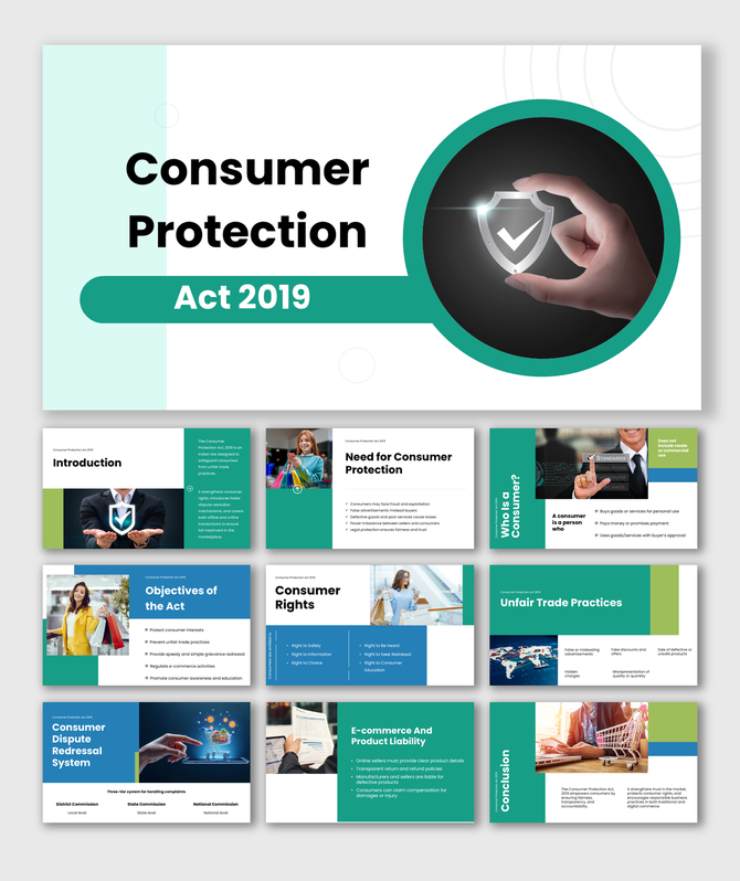 Consumer Protection Act 2019 slides with shield icon, consumer rights, objectives, unfair trade practices, redressal.