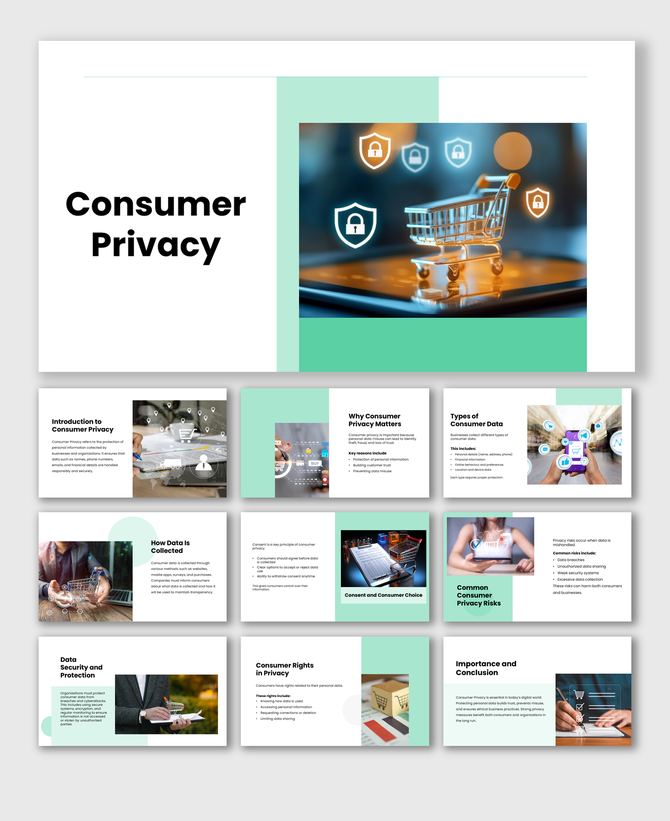 Consumer Privacy Act presentation showing data protection, online shopping privacy icons, consent, and security topics.