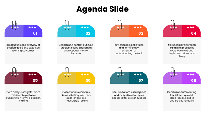 Agenda slide with eight colorful cards showing introduction background concepts methodology analysis cases.