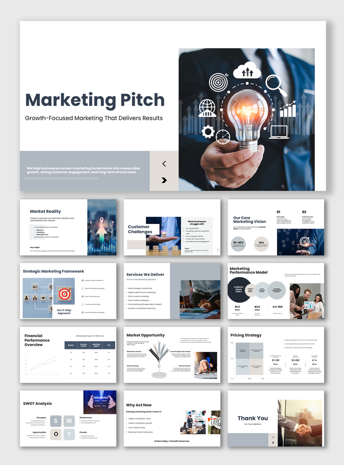 Marketing Pitch slide with lightbulb photo, business icons, white-gray layout, blue text blocks, rounded content boxes.