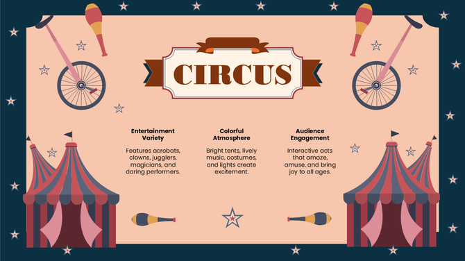 Circus Themes slide with tents, unicycles, juggling clubs, stars, peach background, dark blue border, text boxes.