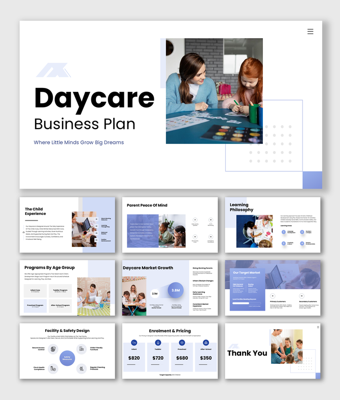 Daycare business plan cover showing teacher helping child learn, plus slides for programs, safety, pricing, and growth.