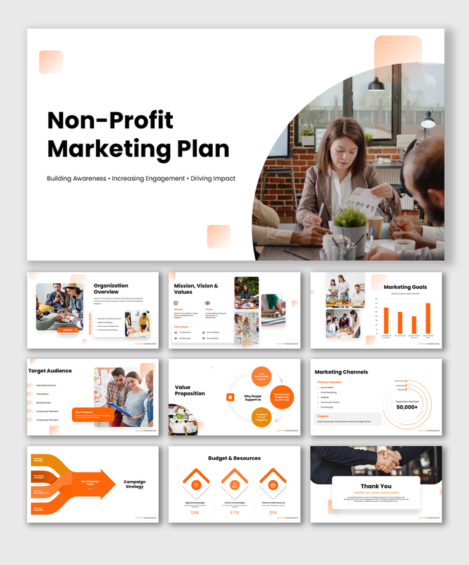 Nonprofit marketing plan cover with team meeting and slides on goals, audience, channels, budget, and impact.