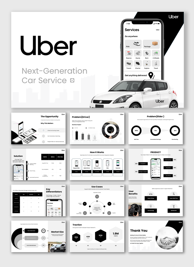 Uber pitch deck cover showing app services, car visual, and slides on problem, solution, product, and growth.