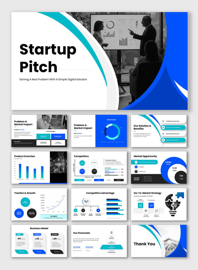 Startup pitch deck with blue visuals, charts, problem-solution flow, growth metrics, and clean investor layouts.