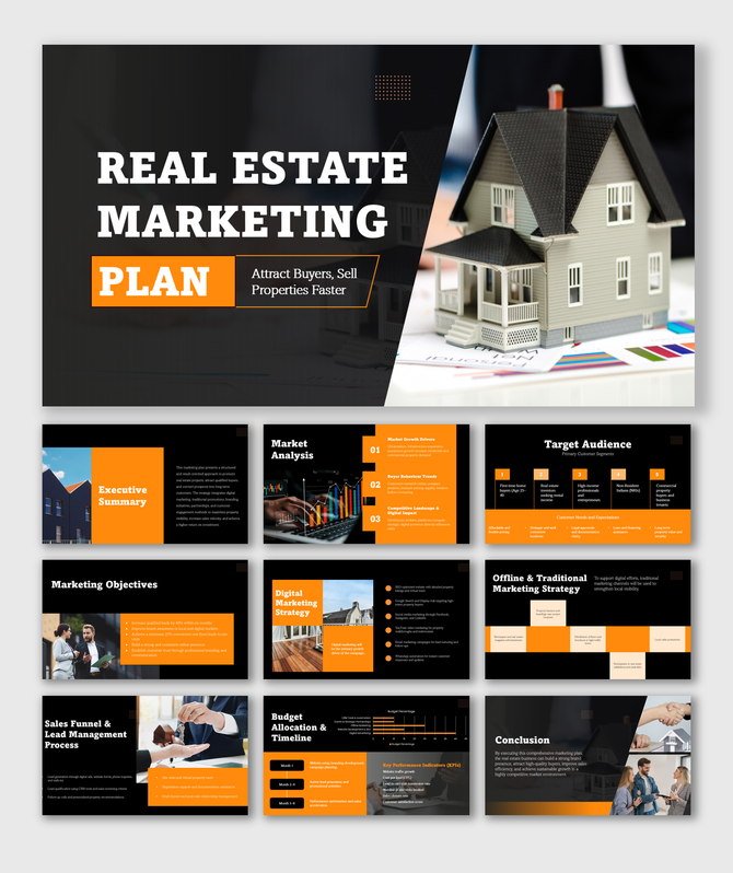 Real Estate Marketing Plan slides with house model, charts, text boxes, icons, black orange theme and clean layout shapes.