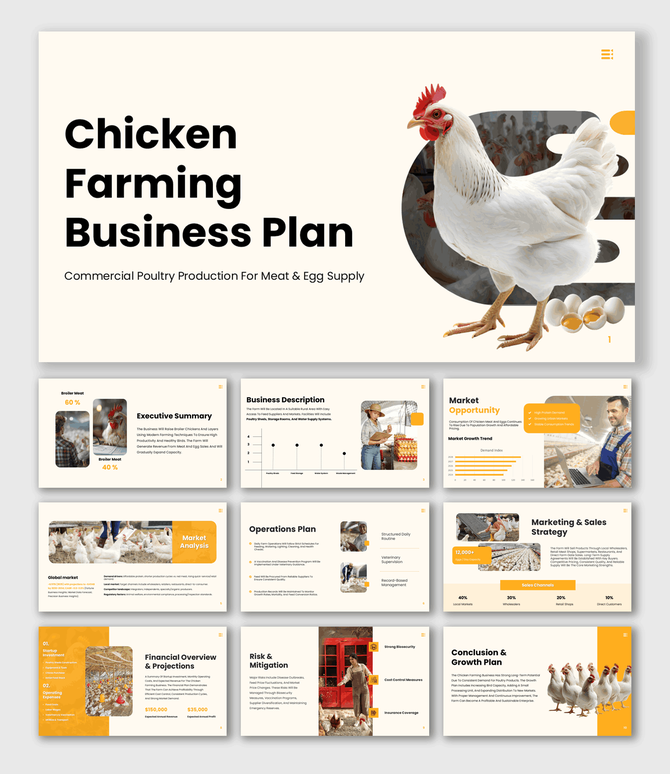 The Chicken Farming Business Plan PowerPoint slides show hen, eggs, charts, tables, and beige orange layout shapes.