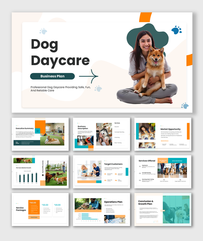 The Dog Daycare Business Plan slides show a woman with dog, charts, service tables, icons, and soft green orange shapes.
