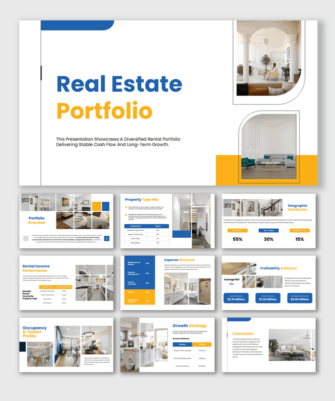 The Real Estate Portfolio slides present property photos, income and ROI charts, expense tables, and blue yellow shapes.