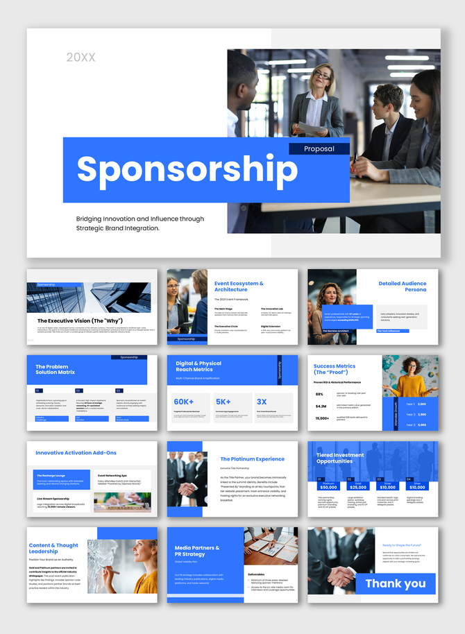 The Sponsorship Proposal slides show business meeting photos, audience metrics charts, pricing tables, and blue shapes!
