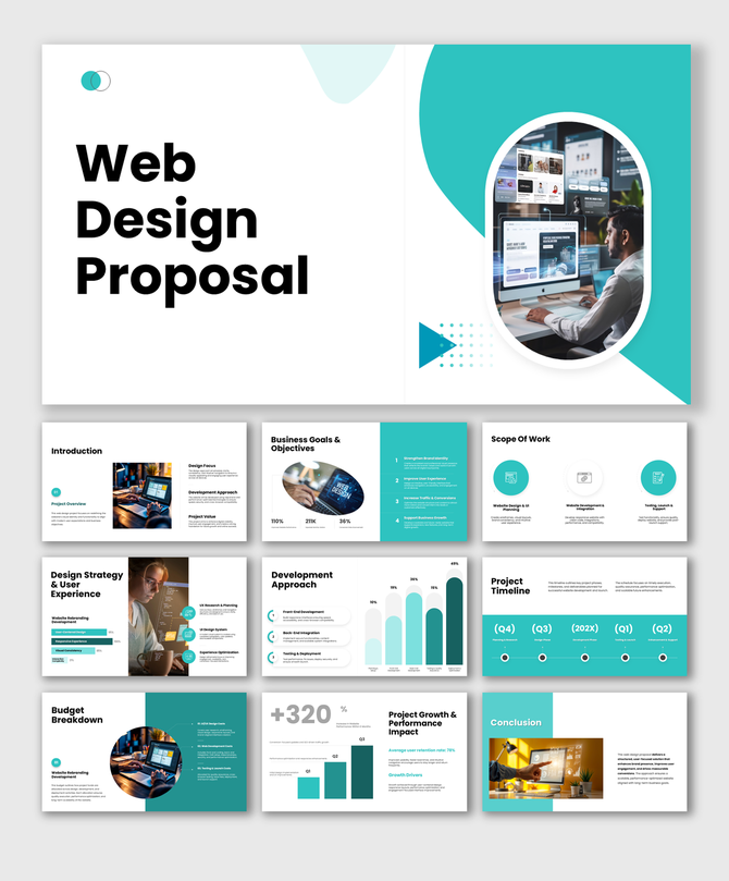 The Web Design Proposal slides show UI screens, charts, timelines, budget tables, icons, and teal white layout shapes.