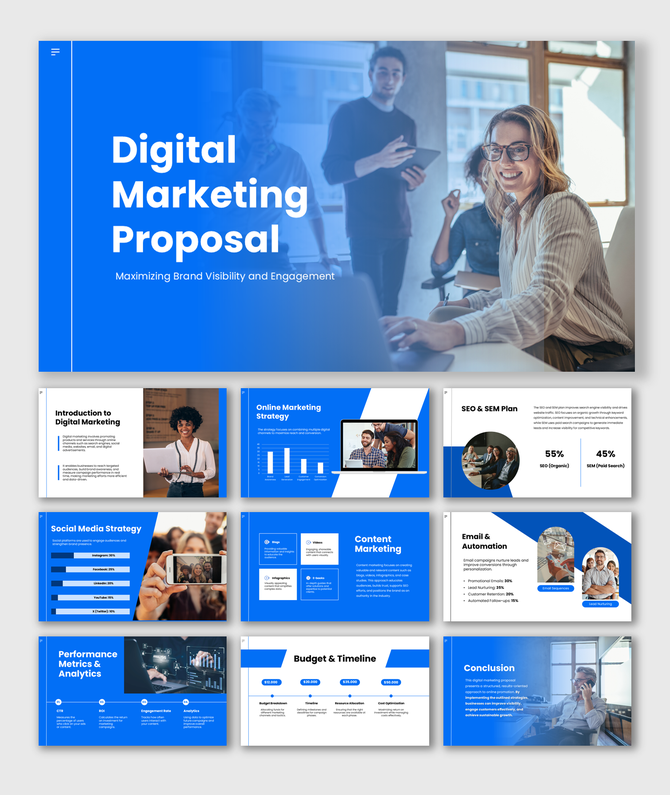 The Digital Marketing Proposal slides show team photos, SEO charts, social media graphs, budgets, timelines, and blue layout.