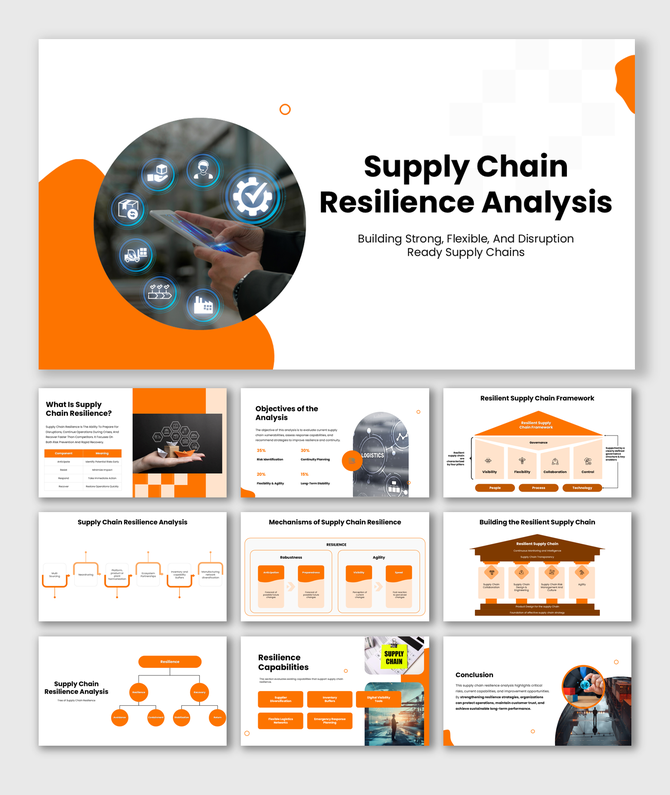 The Supply Chain Resilience Analysis slides show digital icons, process frameworks, diagrams, charts, and orange shapes.