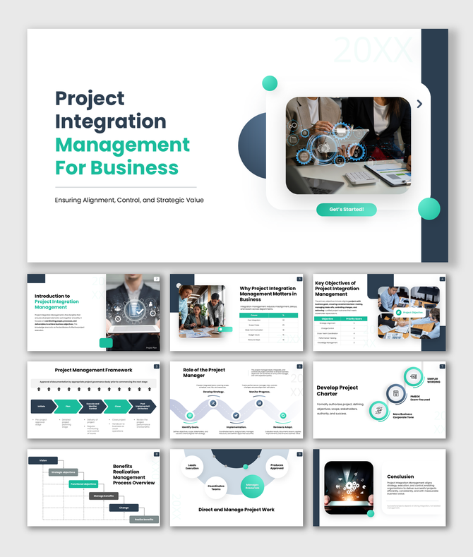 The Project Integration Management slides show team collaboration images, process flows, charts, icons, and teal shapes.