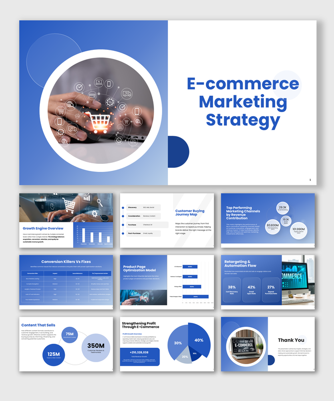 The E-commerce Marketing Strategy slides show shopping cart icons, funnels, revenue charts, blue layouts visuals clean.