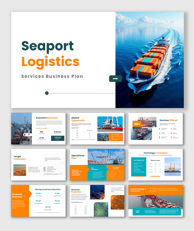 The Seaport Logistics Services Business Plan slides show cargo ships, port charts, service icons, and blue orange layouts.