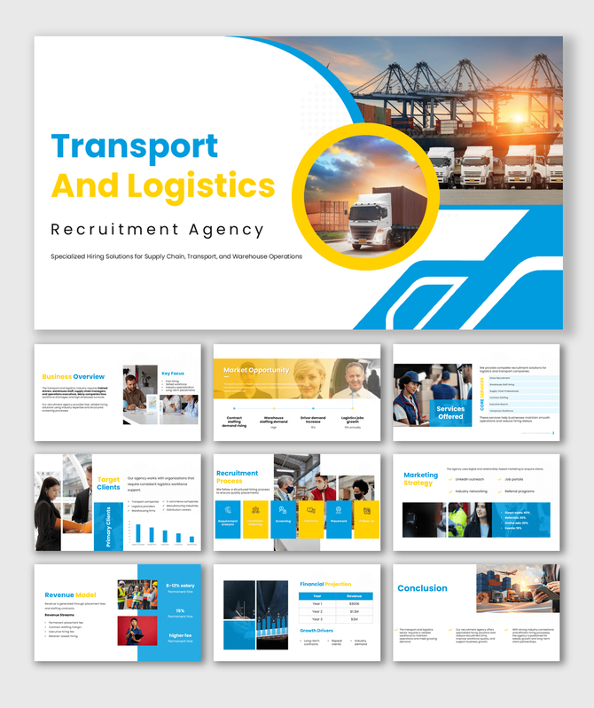 The Transport and Logistics Recruitment slides show hiring charts, trucks, icons, and blue yellow layout shapes.