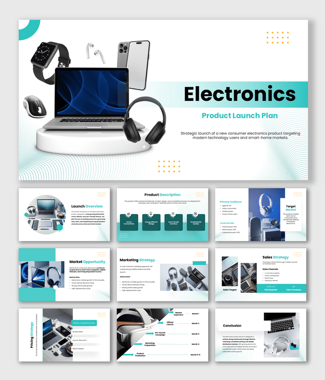 The Electronics Product Launch slides show gadgets, launch charts, icons, and modern teal technology layout designs.