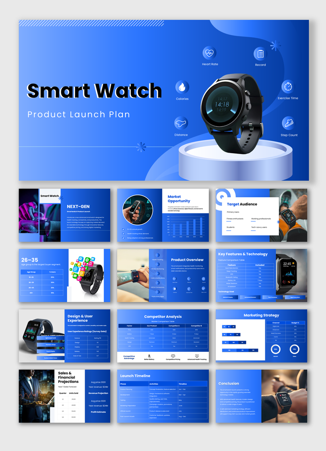 The Smart Watch Product Launch slides show wearable device visuals, charts, icons, and blue modern tech layouts.