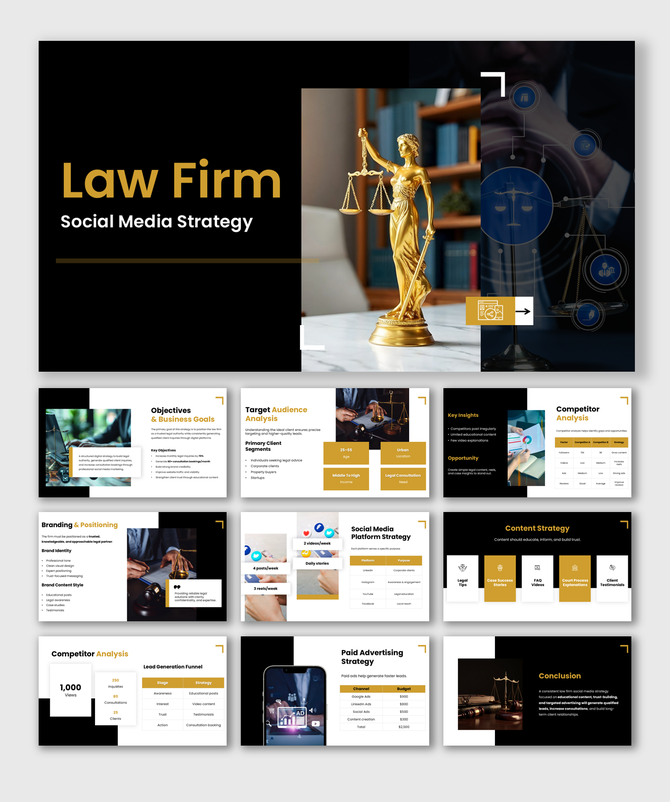 The Law Firm Social Media Strategy slides show legal visuals, content plans, charts, icons, and black gold layouts.