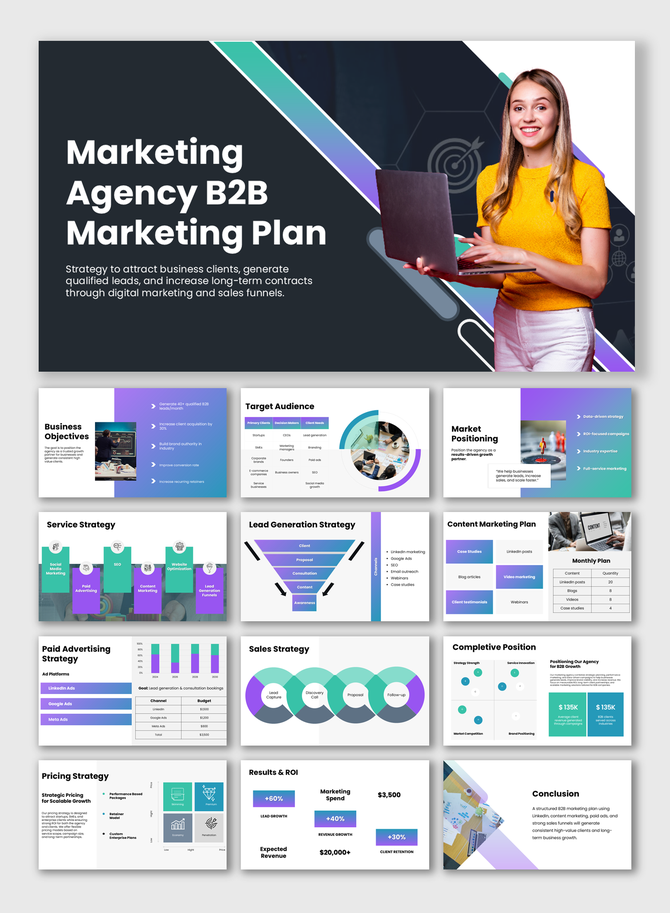 B2B marketing agency slides show targets, funnels, pricing, ads, charts, and modern business layouts for teams.