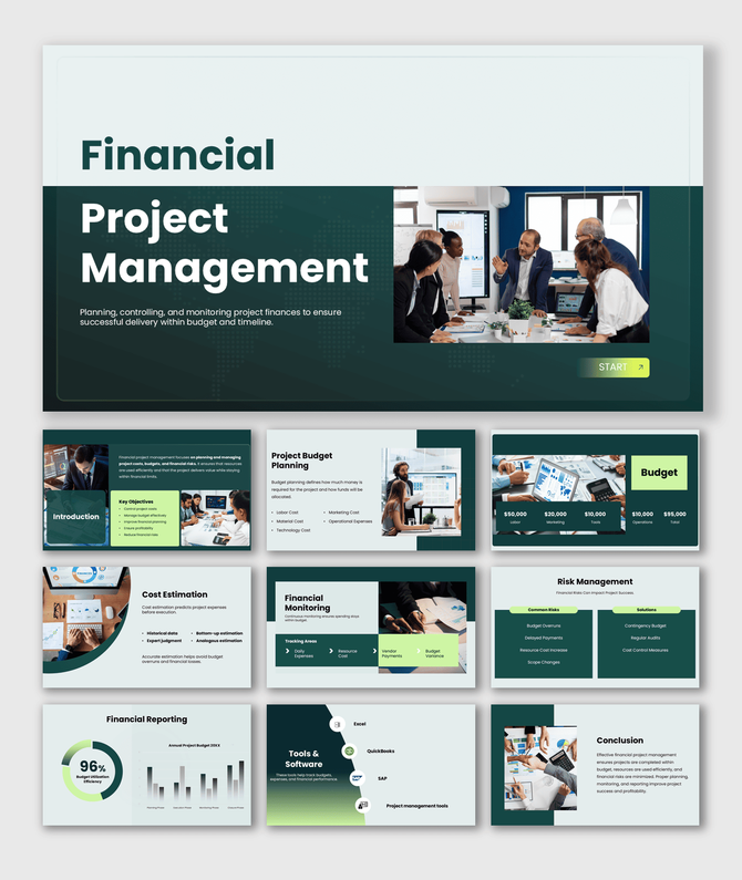 Financial project management template with budgeting, cost tracking, risk management, and reporting for teams and projects