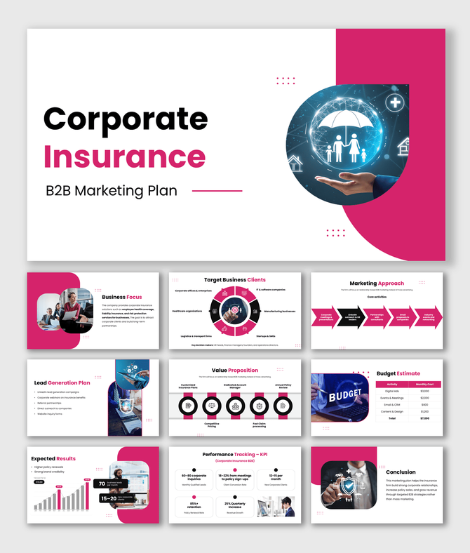 Corporate insurance B2B marketing plan to attract clients, generate leads, build partnerships, and drive growth.