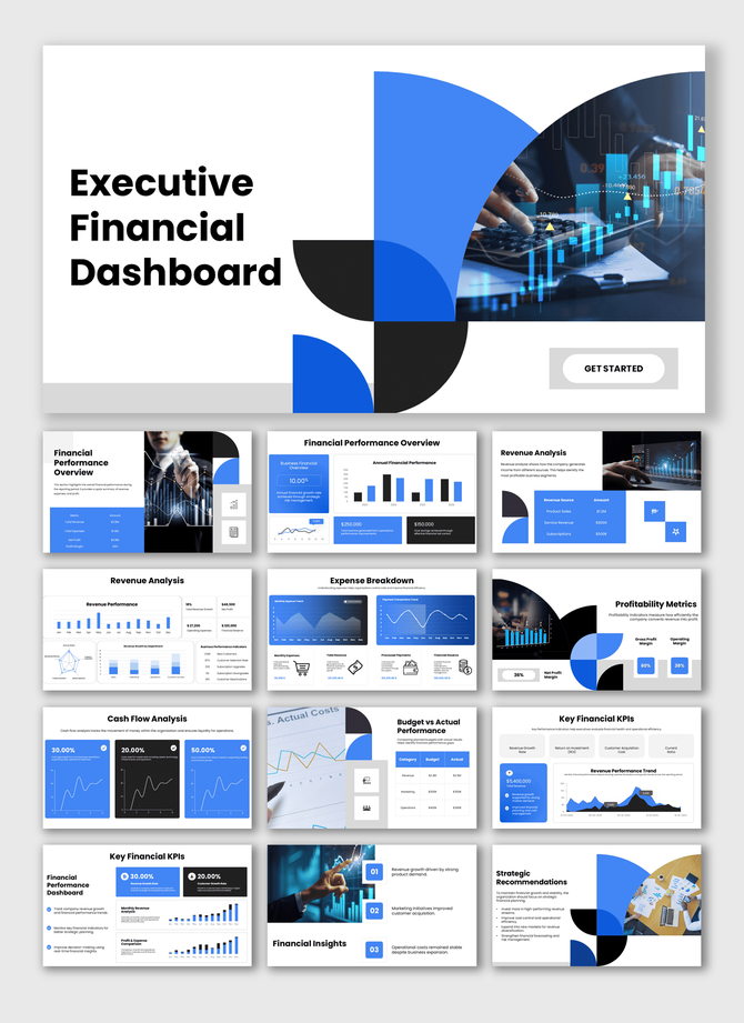 Executive financial dashboard presenting revenue, expenses, cash flow, KPIs, profitability, and performance insights.