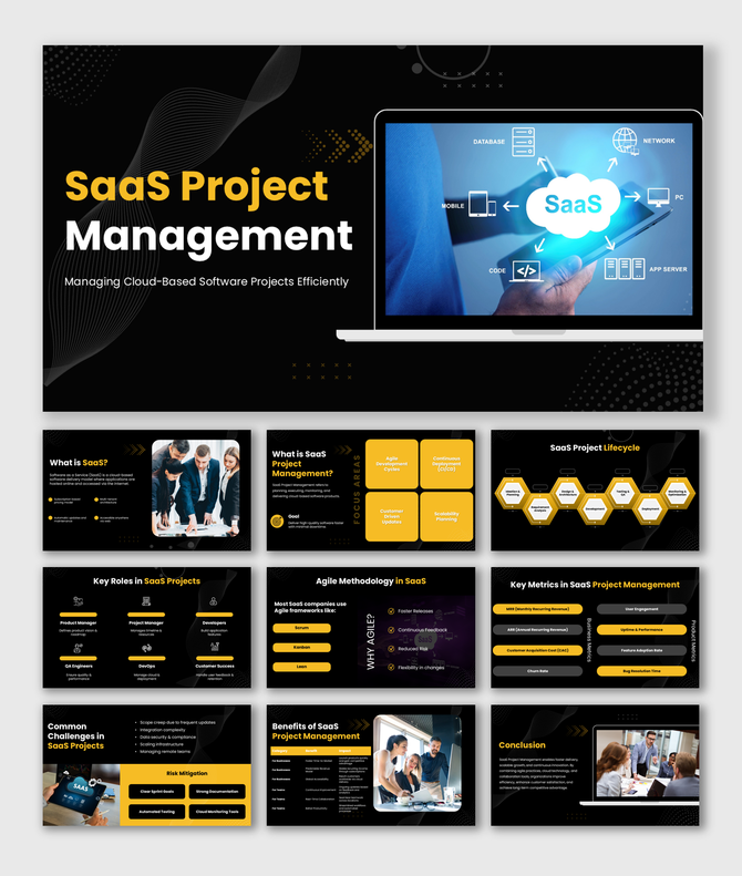 SaaS project management focuses on planning, development, deployment, and monitoring cloud-based software.