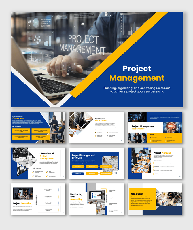 Project management presentation template covering planning, execution, monitoring, and control for successful project.