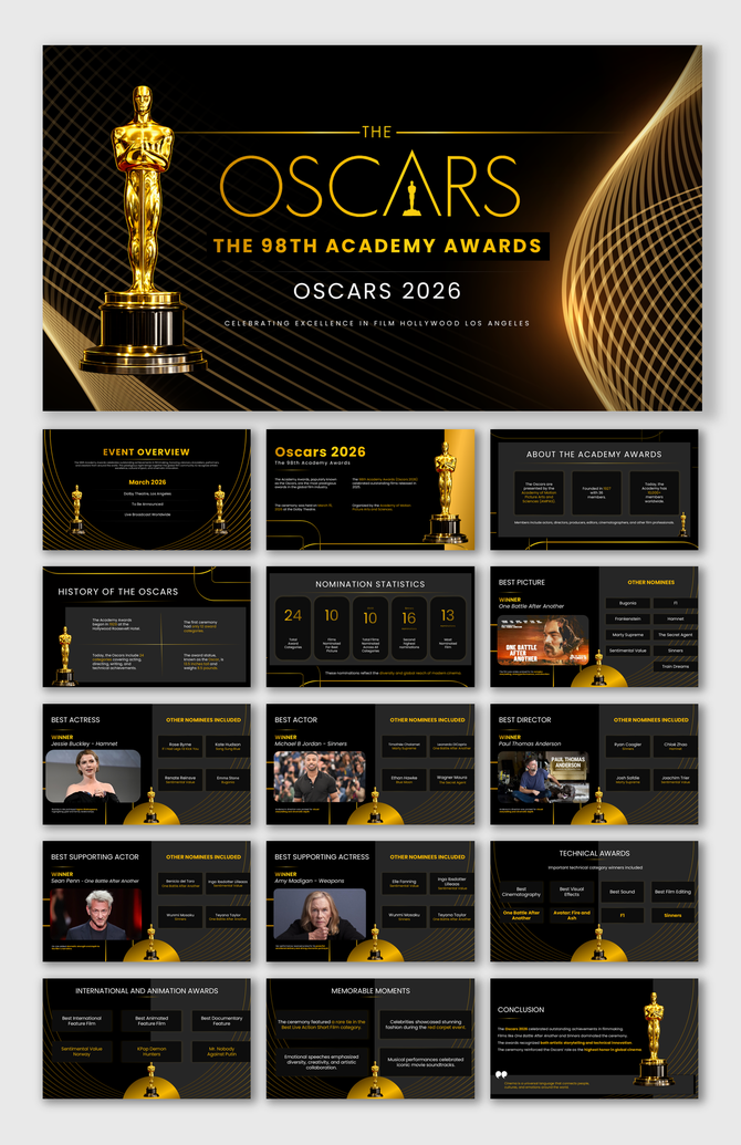 Oscar Winners 2026 presentation covering event overview, nominations, major award winners, technical awards, and highlights.