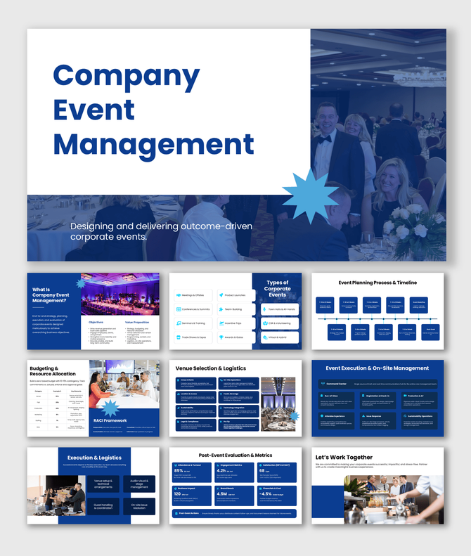 Corporate event management PPT featuring planning, logistics, budgeting, execution, and performance metrics.